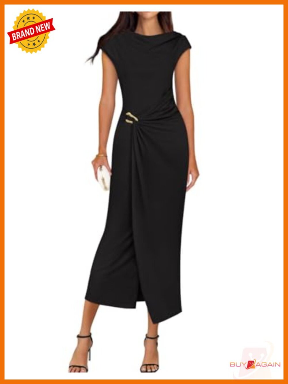 Cap Sleeve Bodycon Midi Dress Mock Neck Slit Party Cocktail